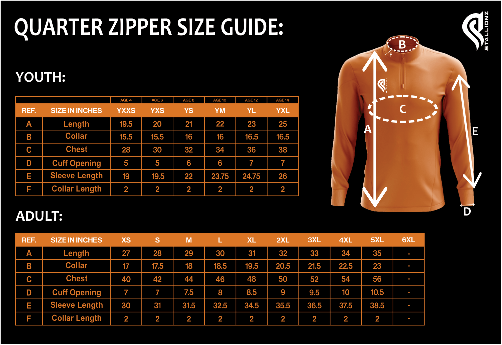 QUARTER ZIPPER SIZE GUIDE: Youth and adult measurements.