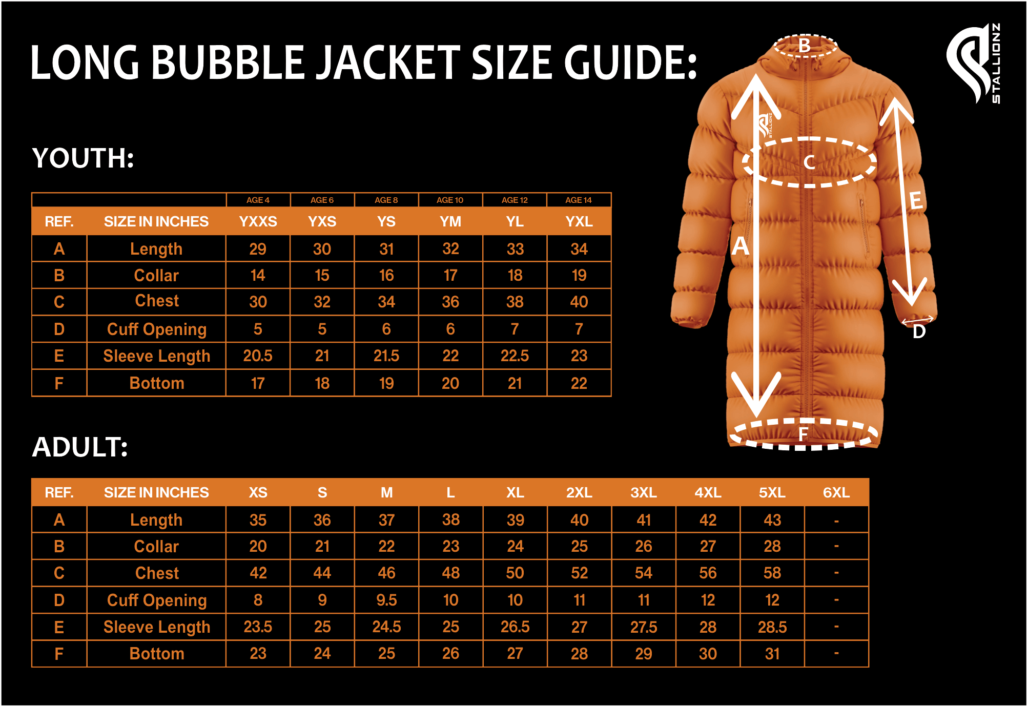 Long bubble jacket size guide with youth and adult measurements