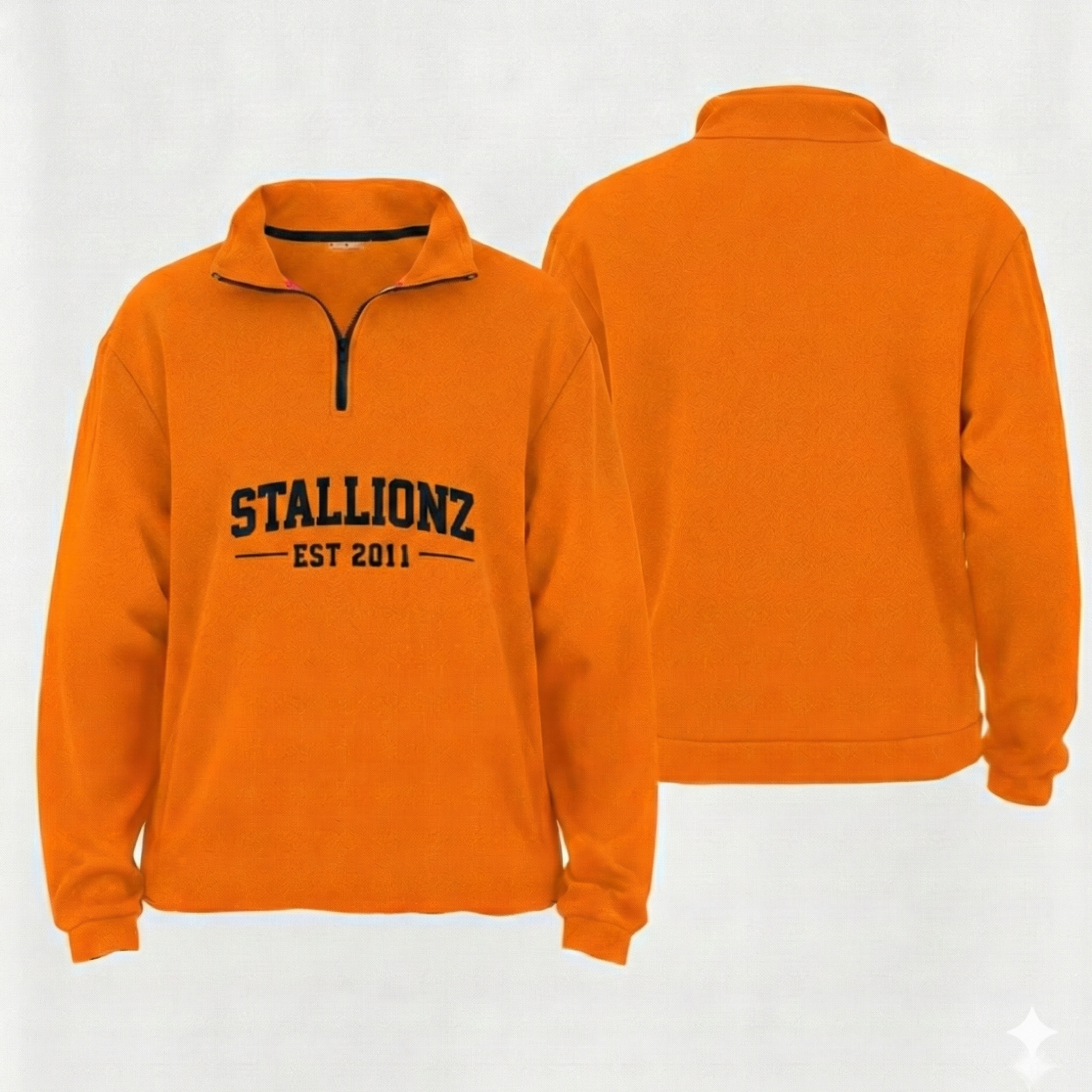Orange custom fleece pullover, 'STALLIONZ EST 2011'