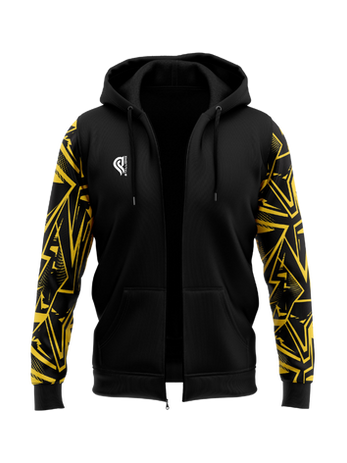 Black Kit Builder hoodie with yellow patterned sleeves
