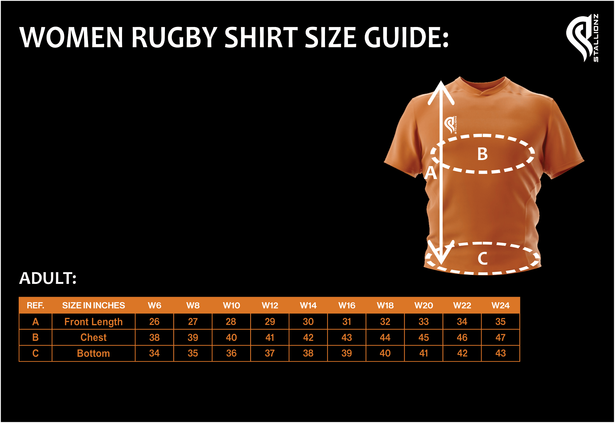 Women rugby shirt size guide with measurement table for adult sizes.