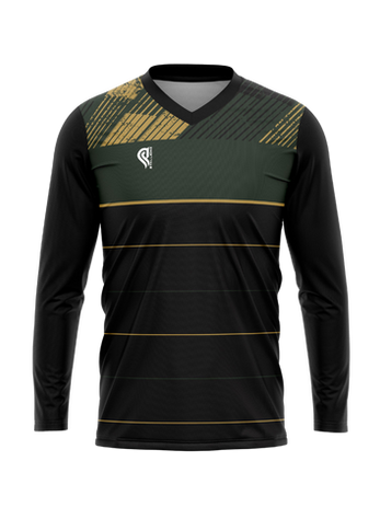 Black long-sleeve V-neck shirt with green and gold stripes