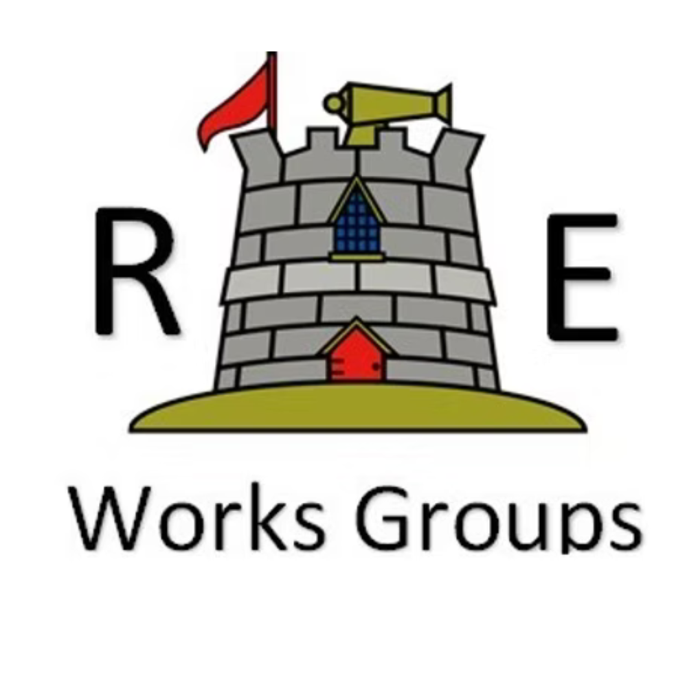 R E Works Groups logo with a tower emblem