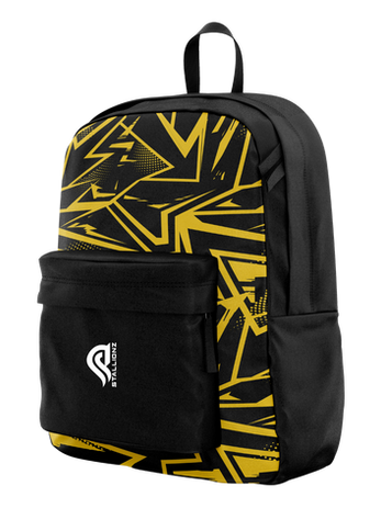 Black backpack with yellow abstract pattern