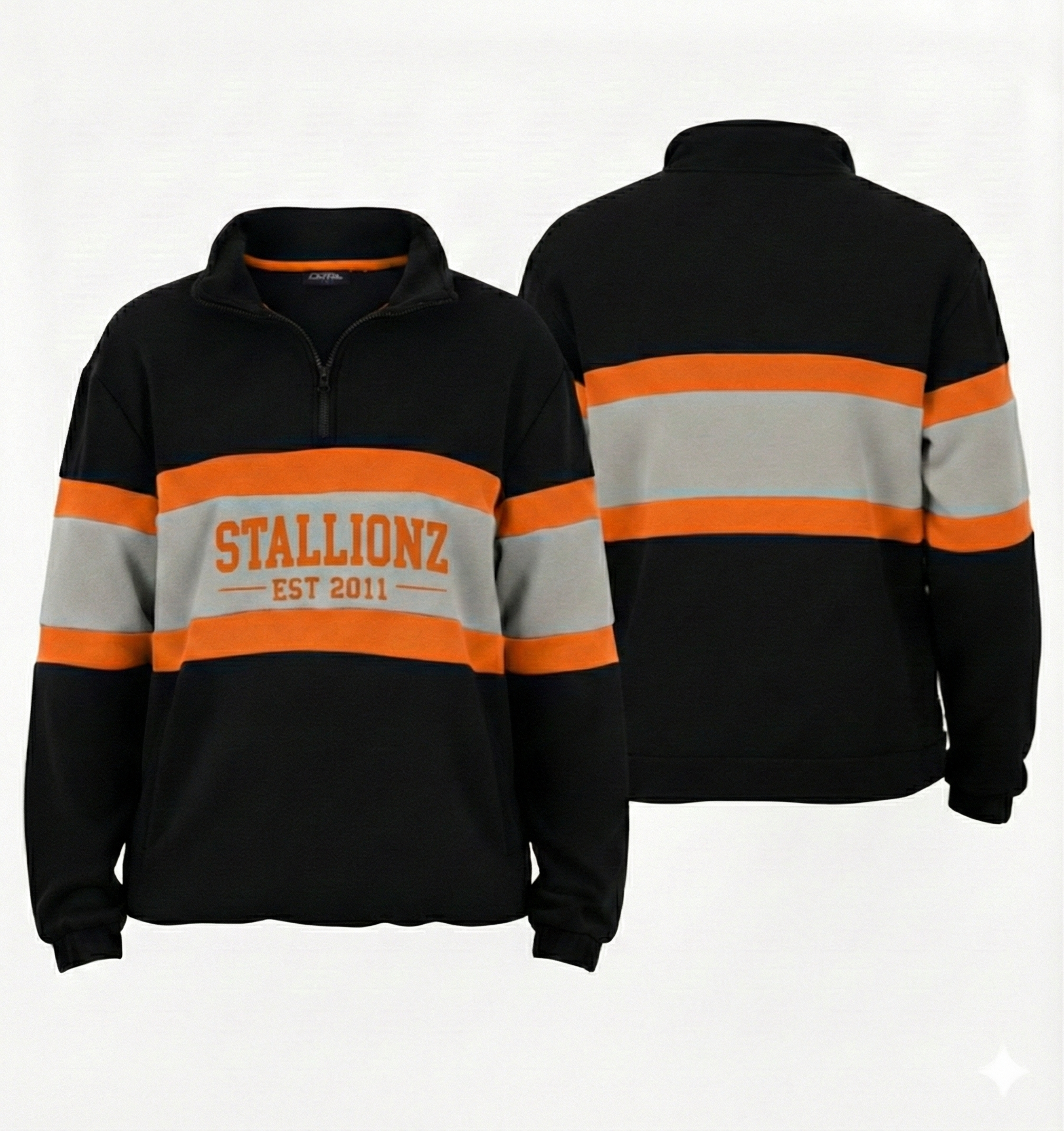 Black custom fleece, orange/gray stripes, 'STALLIONZ EST 2011'