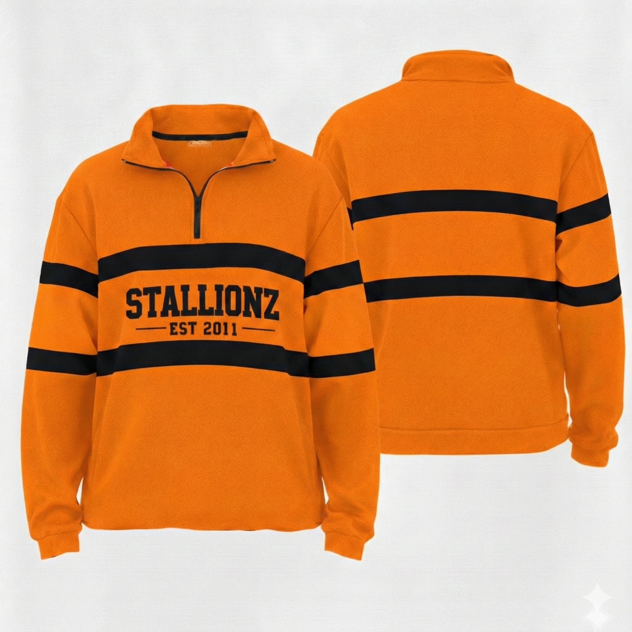 Orange custom fleece pullover with STALLIONZ EST 2011 on front
