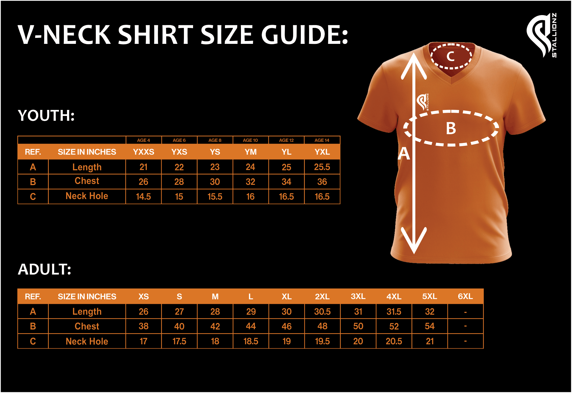 V-neck shirt size guide showing youth and adult measurements