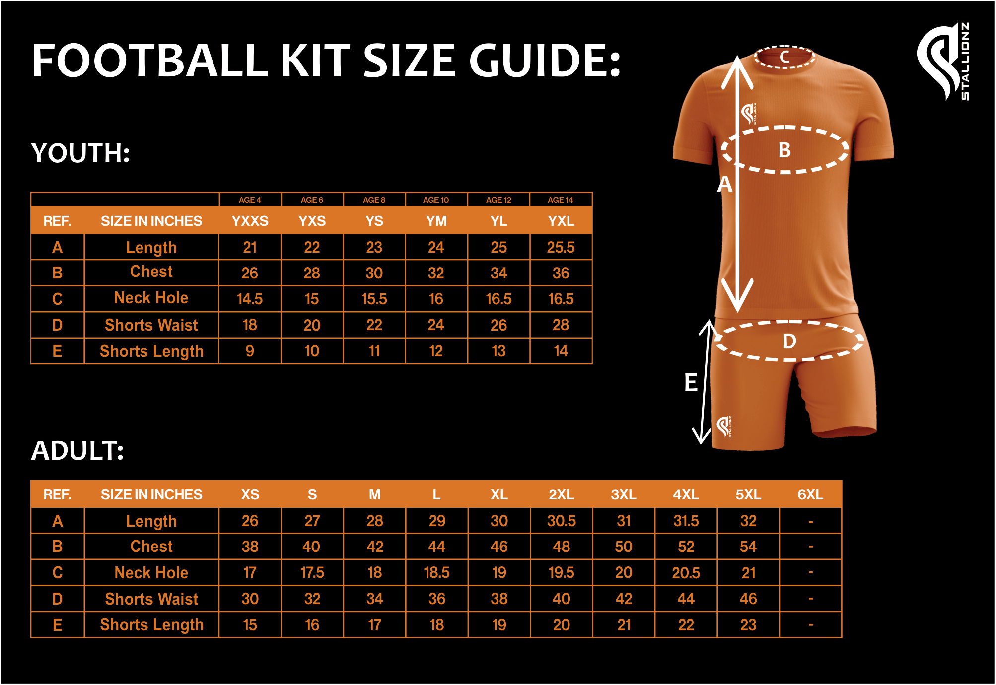 Football kit size guide with youth and adult measurements