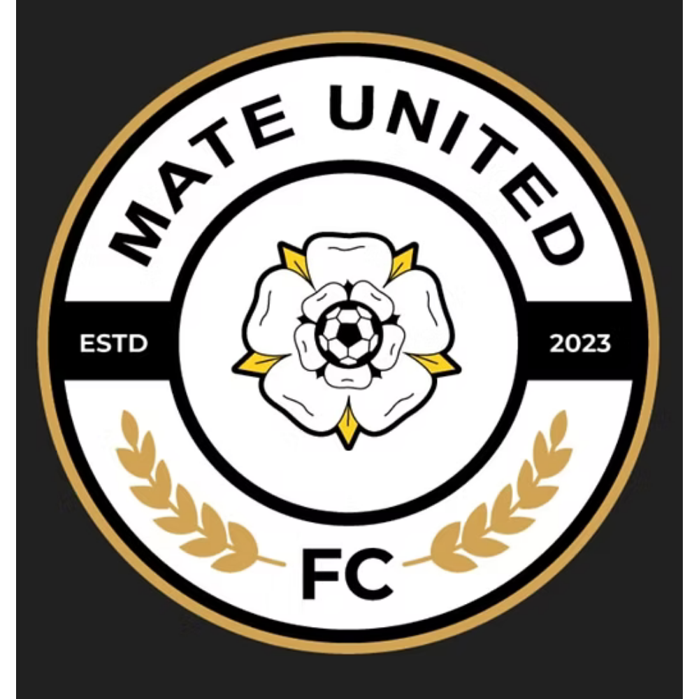 Mate United FC logo with white rose, football, ESTD 2023