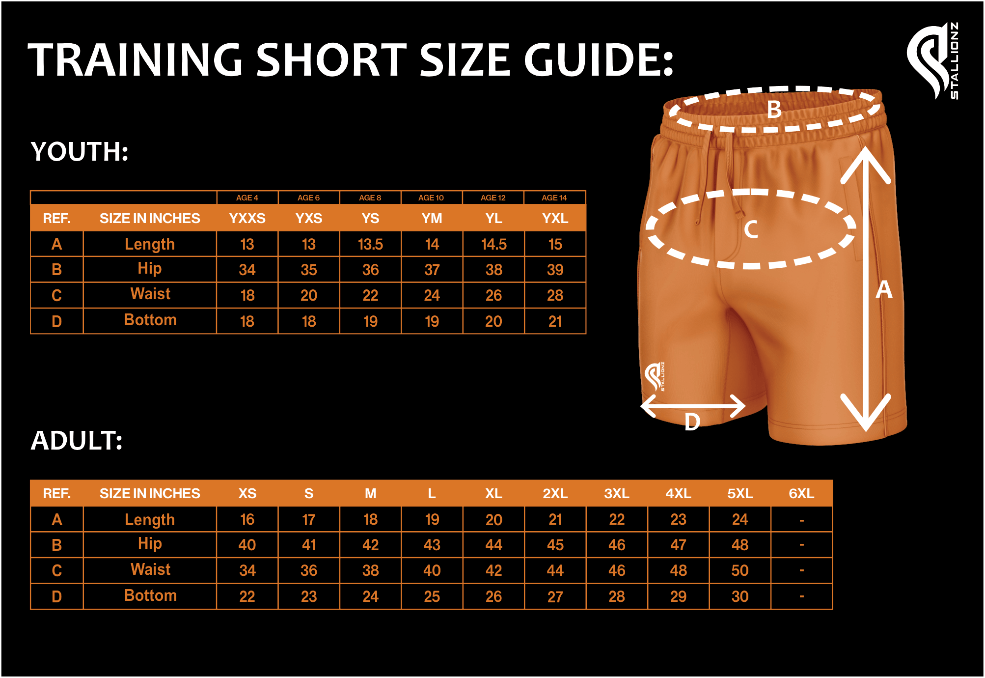 Training short size guide with youth and adult measurements