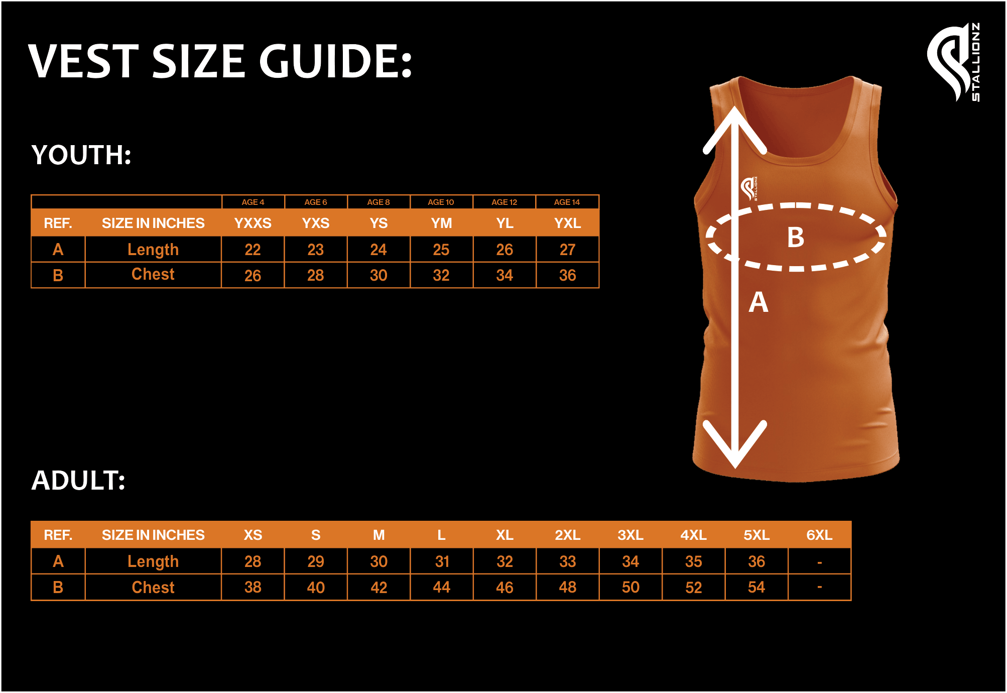 Vest size guide: youth and adult length, chest measurements.