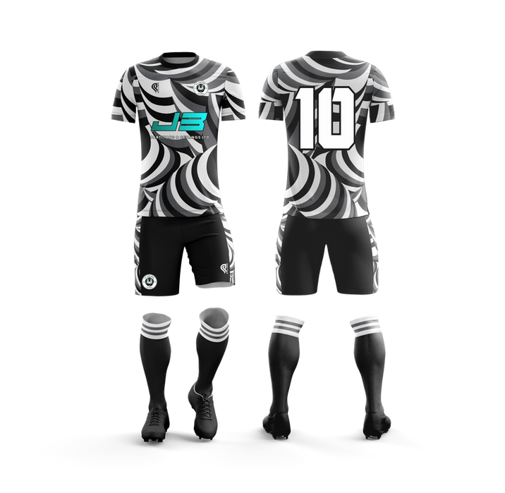 Hockey uniform: black, white circular pattern, logo, number 10