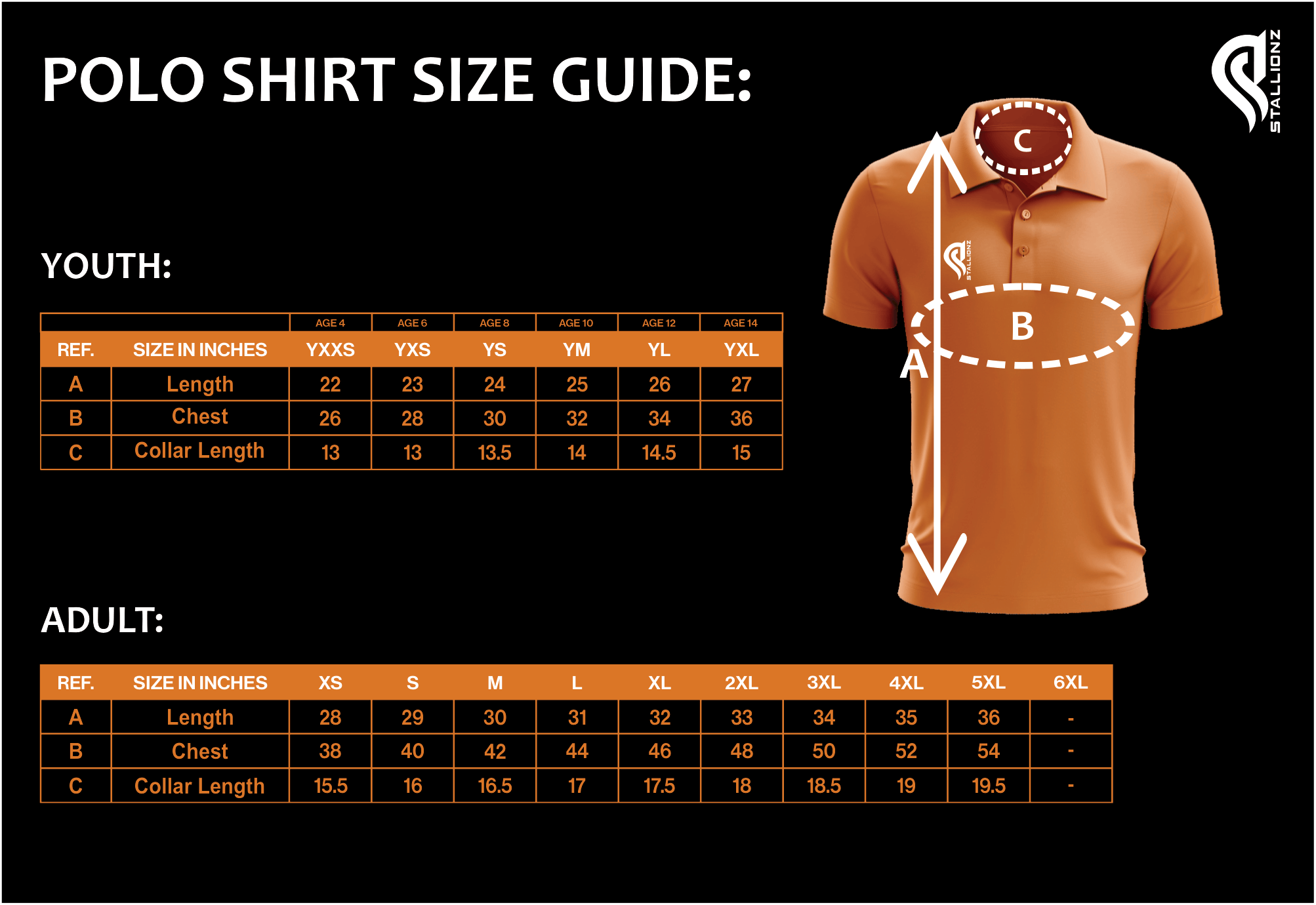 Polo shirt size guide for youth and adult measurements.