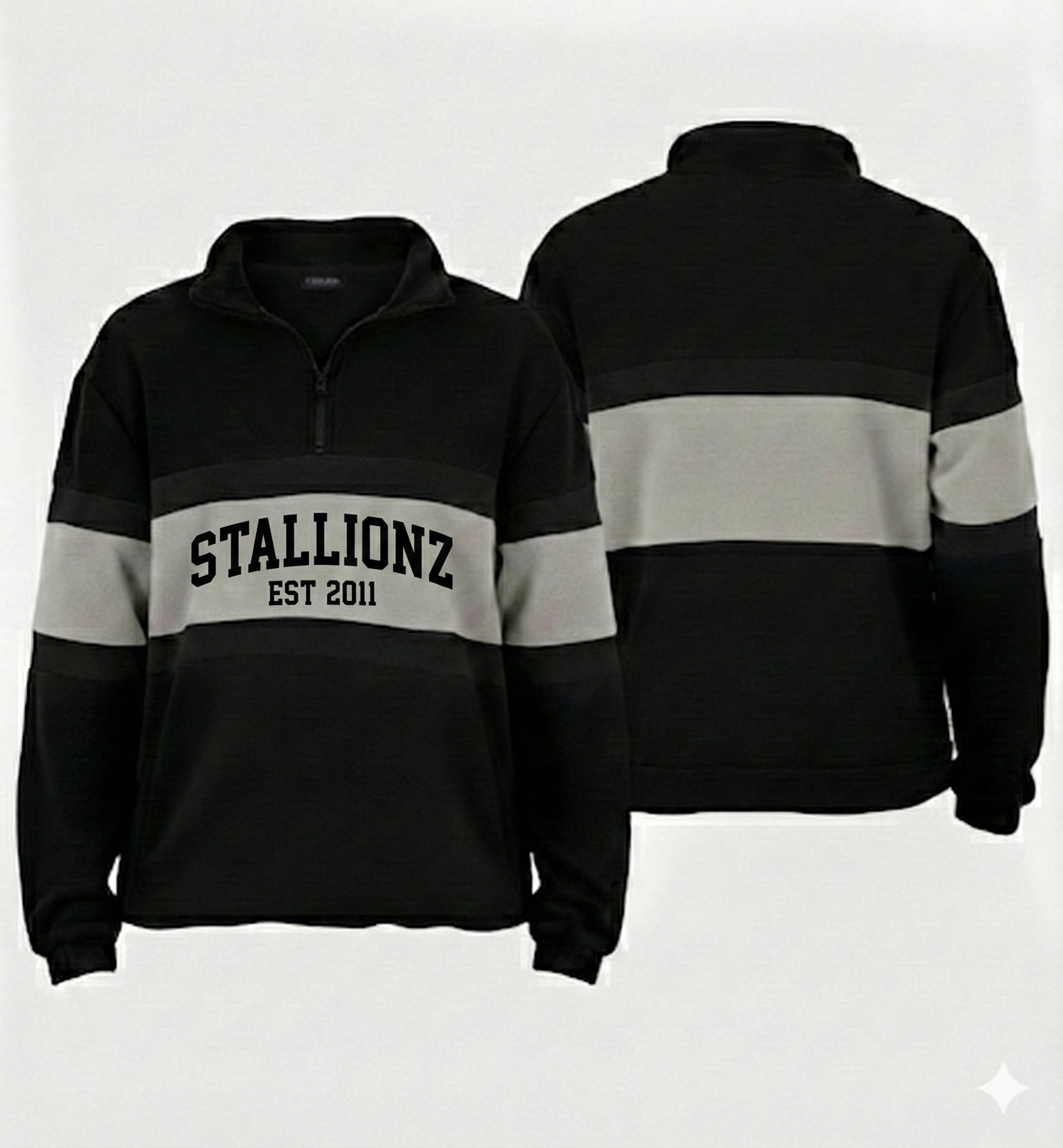 Black fleece quarter-zip with grey stripe, 'STALLIONZ EST 2011'