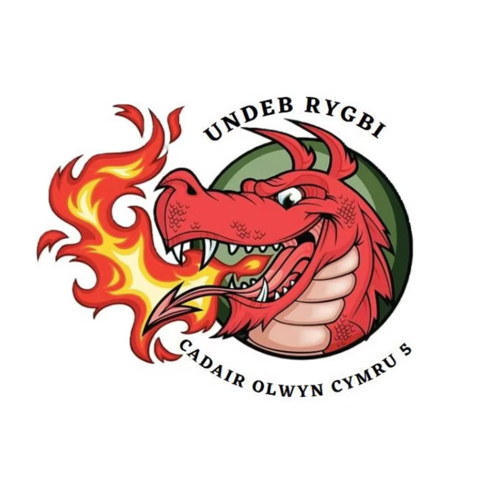 Red dragon breathing fire logo with text Undeb Rygbi Cadair Olwyn Cymru 5.