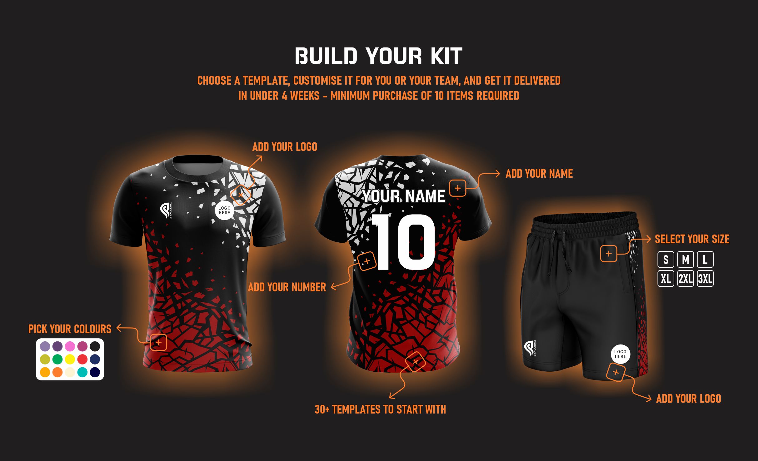 BUILD YOUR KIT. Customizable sports uniform with options for logo, name, number, and colors.