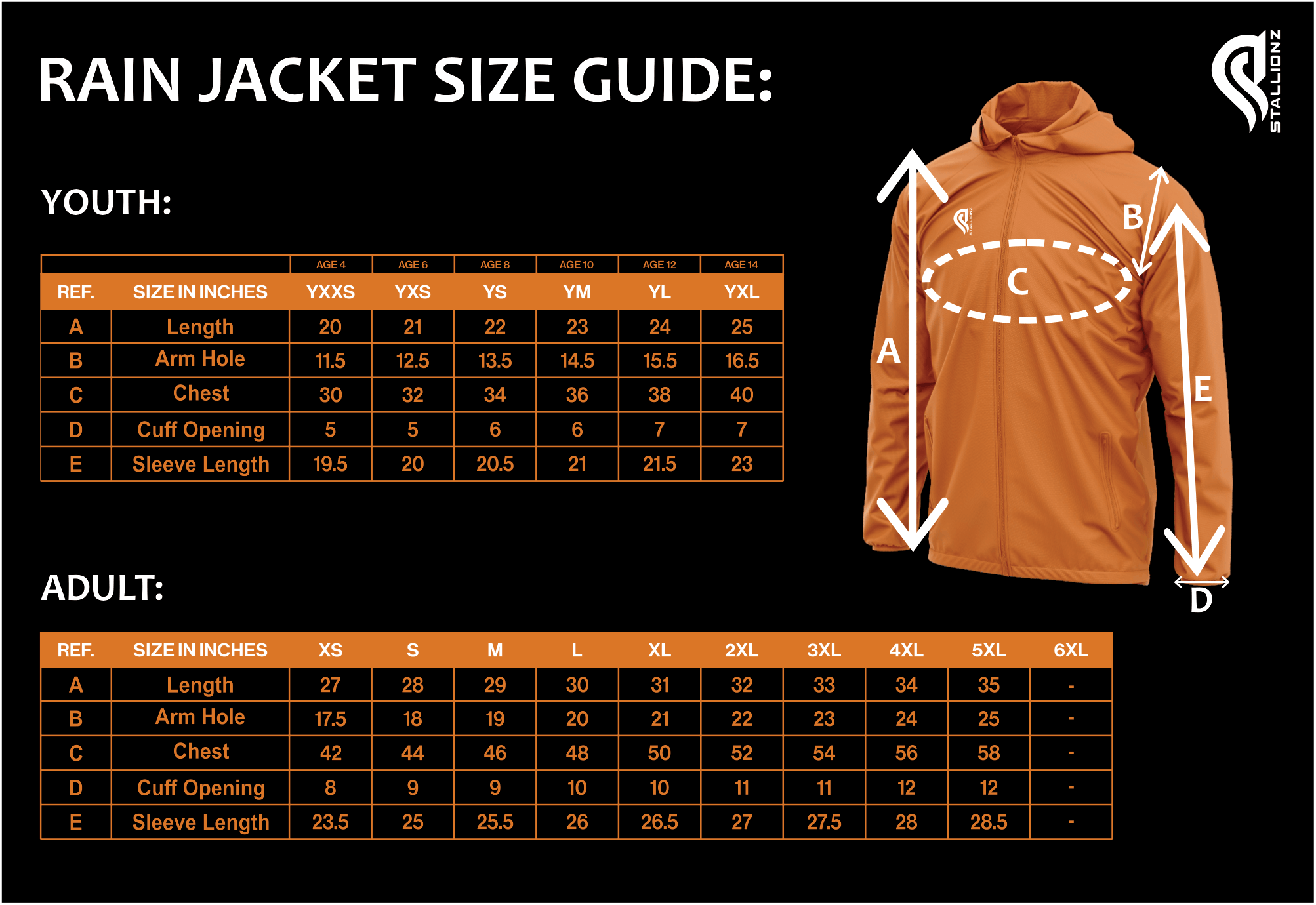 Rain jacket size guide with youth and adult measurement charts.
