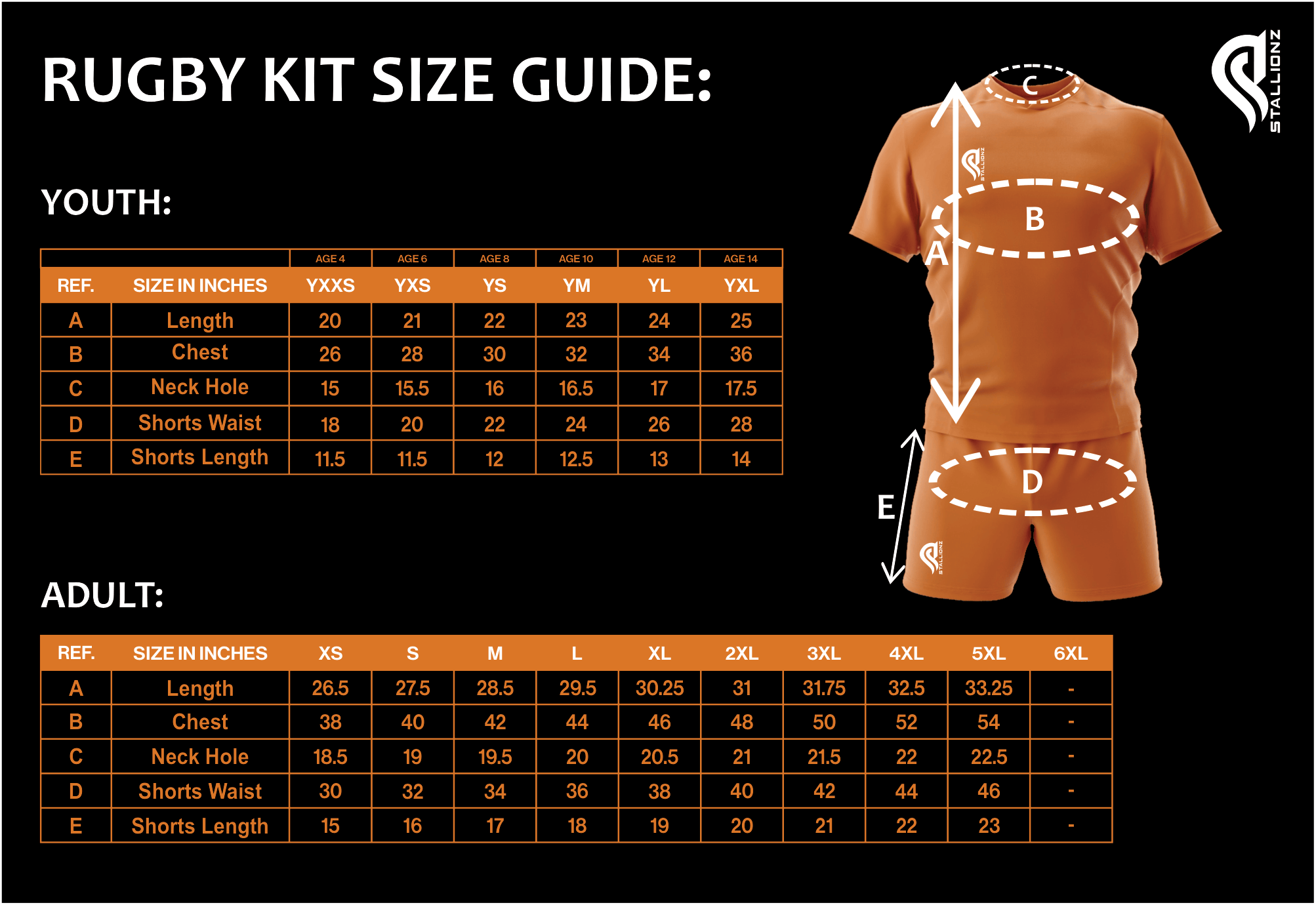 Rugby kit size guide for youth and adults