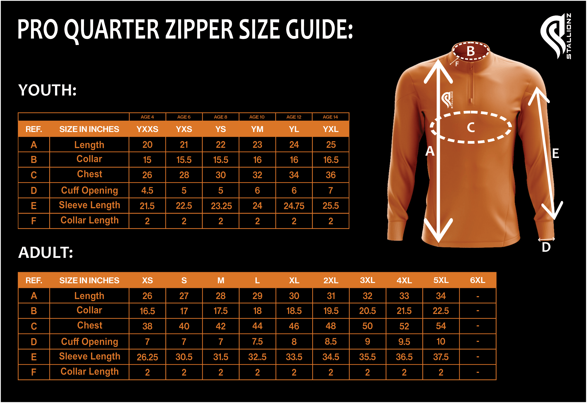 PRO QUARTER ZIPPER SIZE GUIDE with youth and adult measurements
