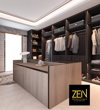 Luxury custom walk-in closet with ZEN WHOLESALE CABINETS and wooden cabinets.