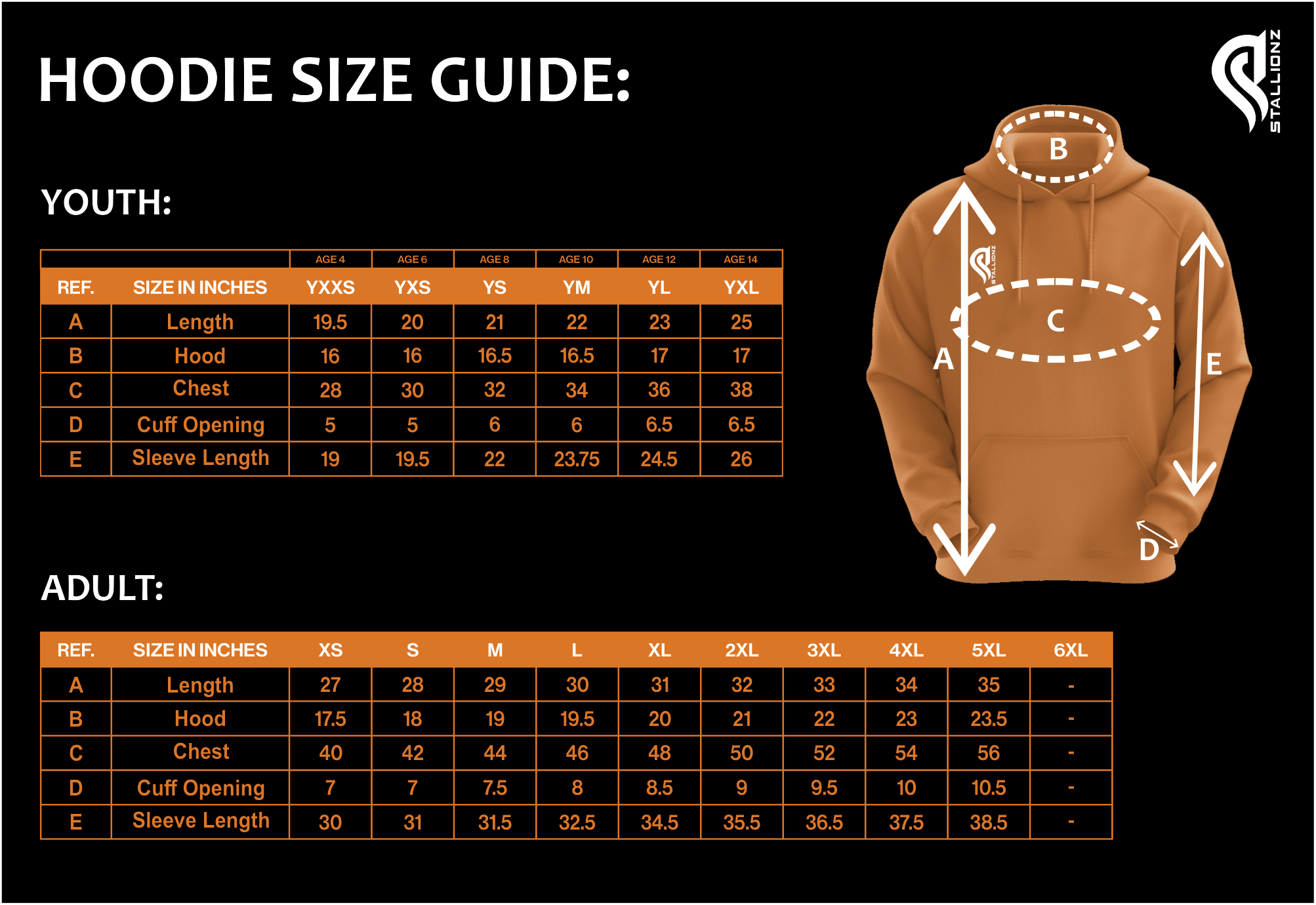 Hoodie size guide with youth and adult charts and measurement diagram