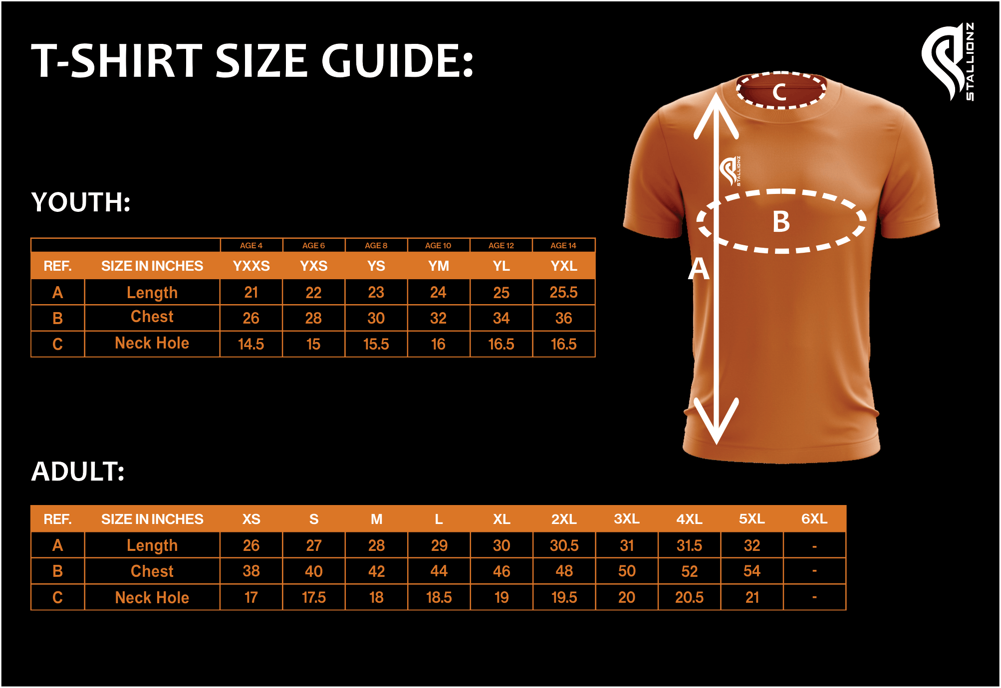 Youth and adult t-shirt size guide with measurements