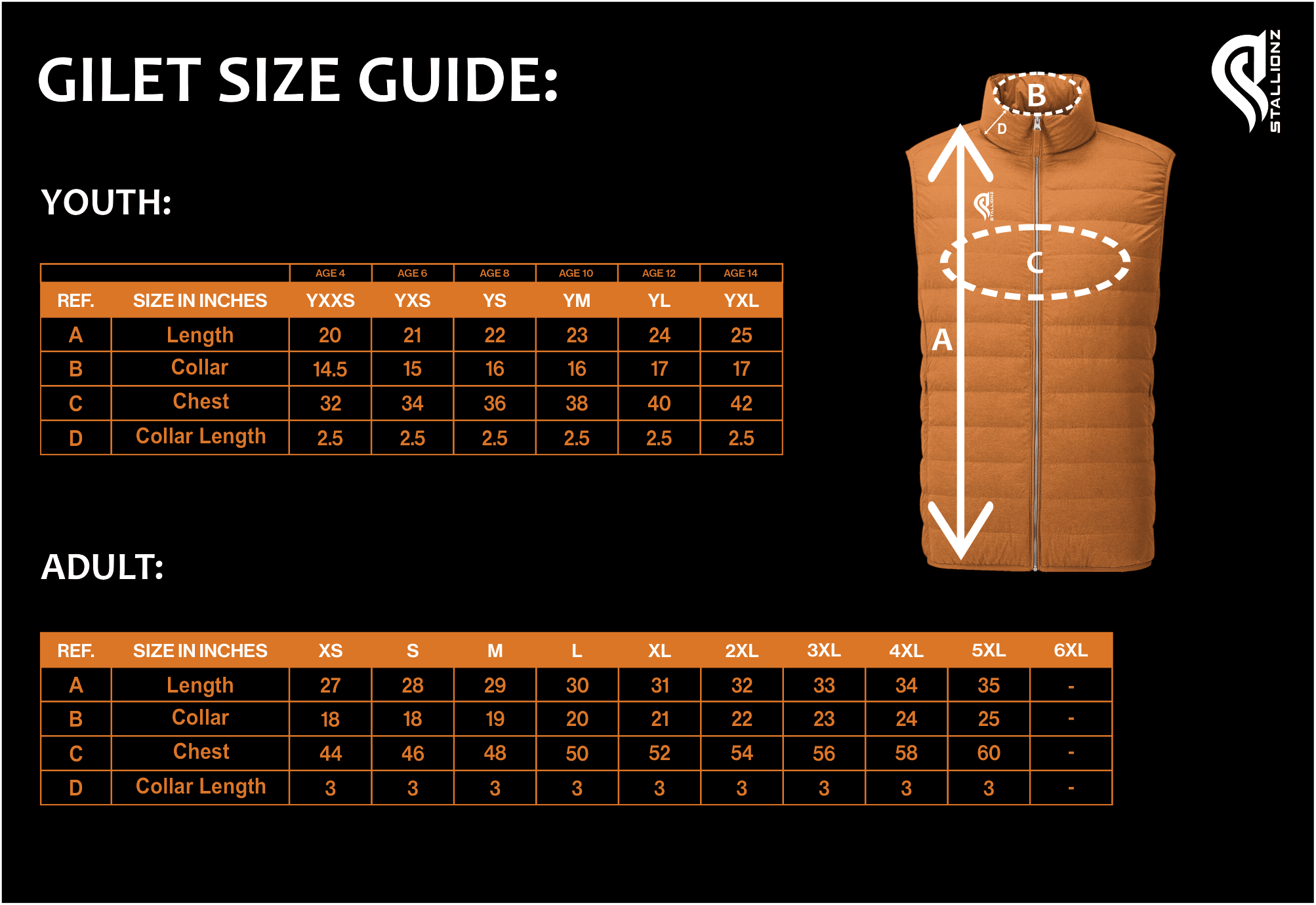 Gilet size guide for youth and adult
