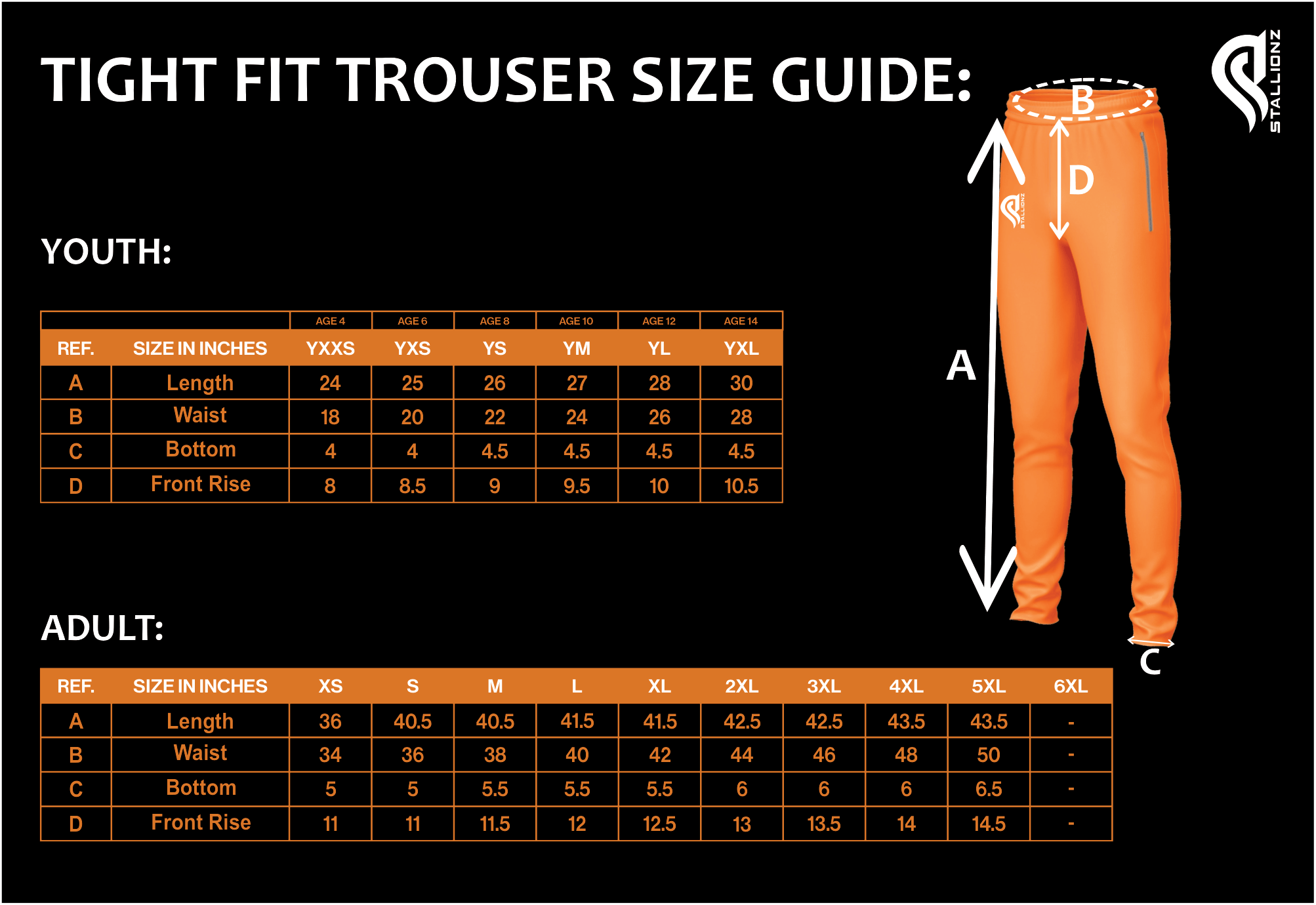 Tight Fit Trouser Size Guide with youth and adult measurements