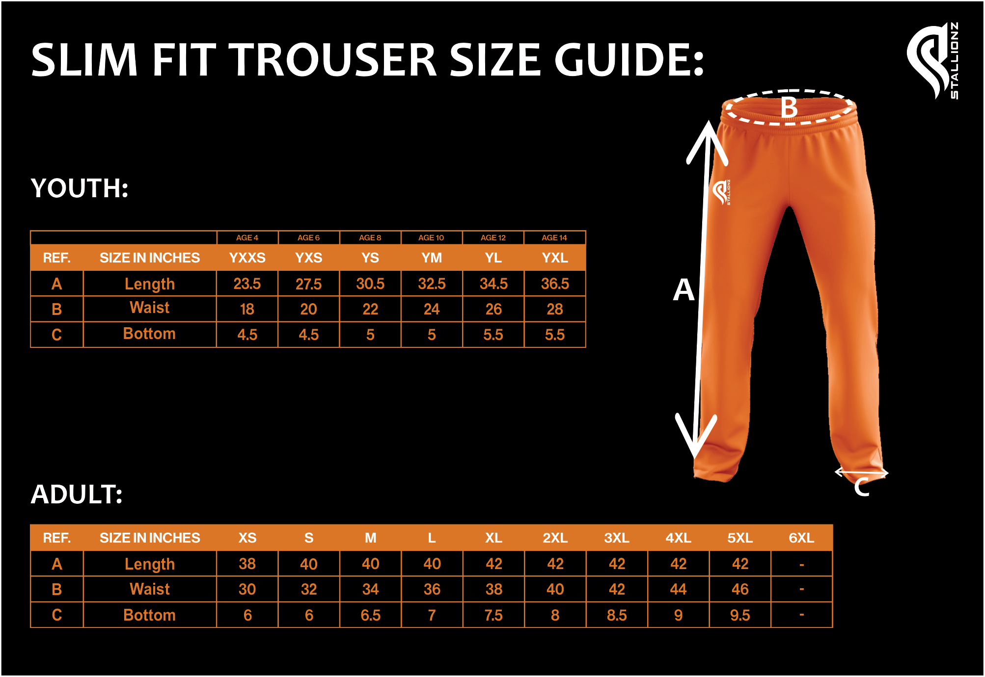 Slim fit trouser size guide with youth, adult measurements.