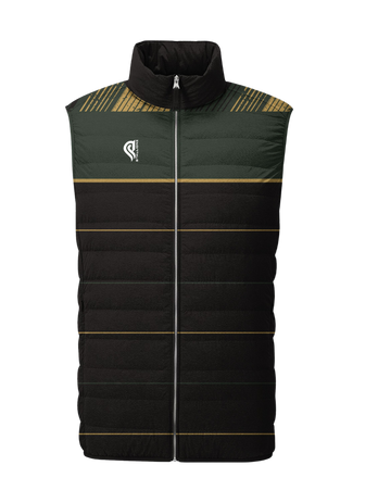 Green and black sleeveless puffer vest with gold stripes