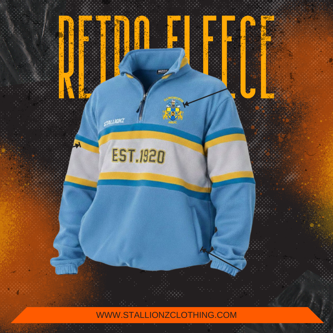 Retro fleece jacket with blue, white, and yellow stripes