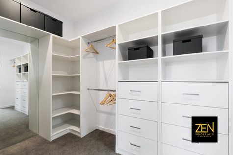 White custom closet with shelving and drawers, zen properties, storage solutions.
