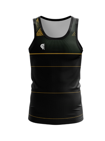Black athletic tank top with gold stripes