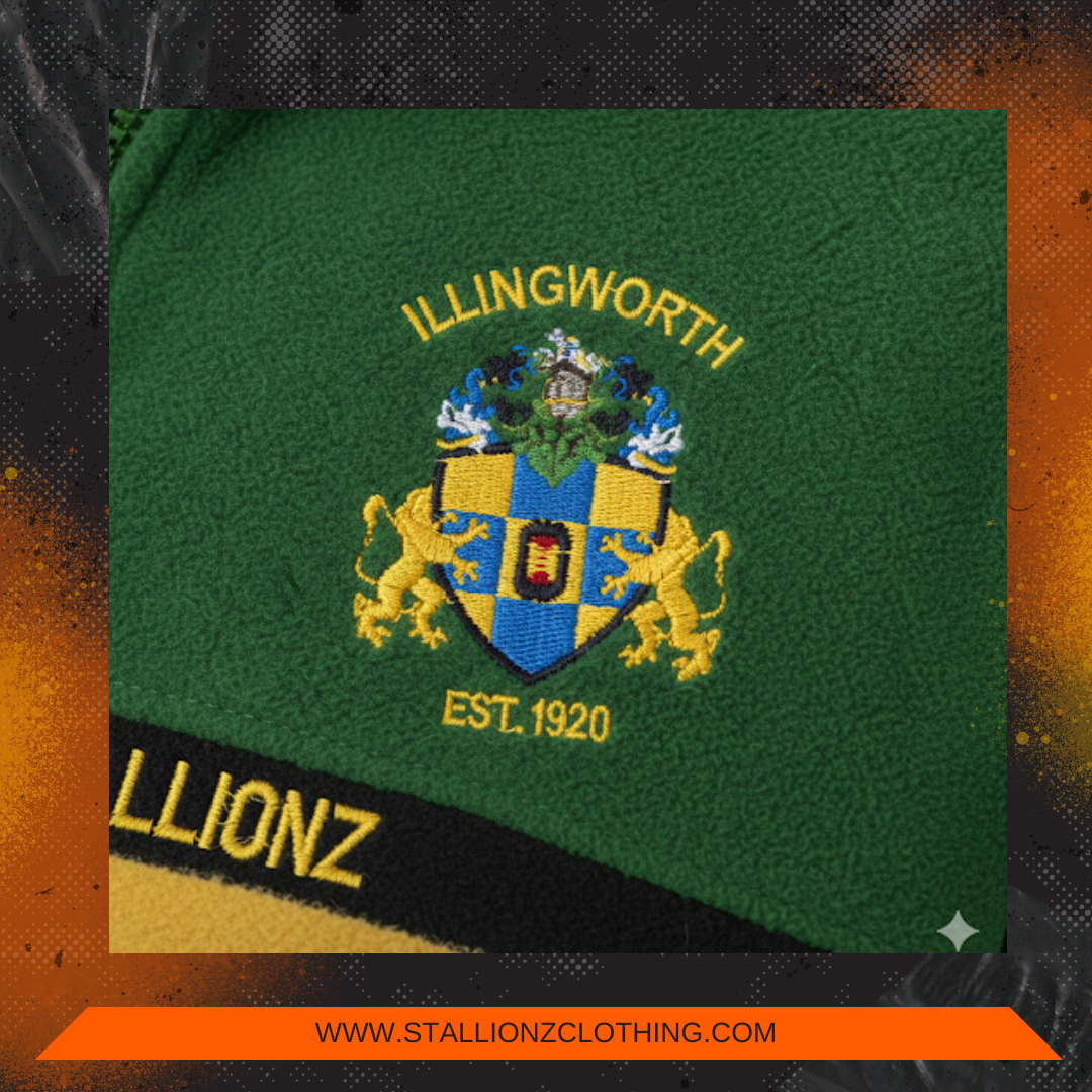 Green fleece, embroidered Illingworth crest with shield and lions, Est. 1920