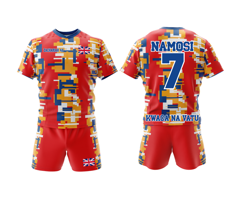 Red, blue, yellow patterned rugby uniform 'NAMOSI 7'