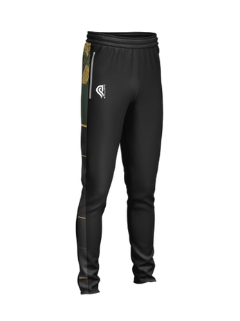 Black teamwear pants with logo and yellow stripe
