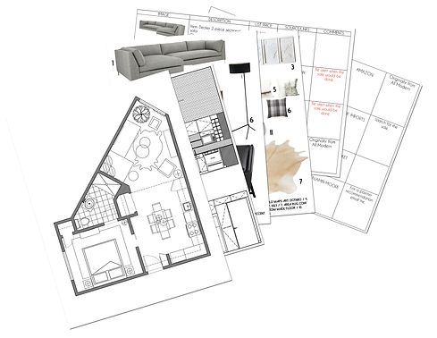 virtual design set of drawings, interior design concept, moodboards
