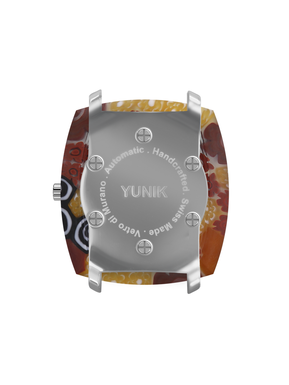 Back of a YUNIK watch with the text 'Made Swiss - Handcrafted - Automatic - Vero di Murano'