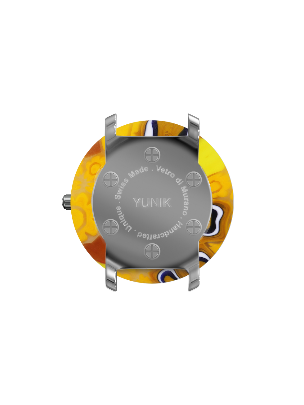 Back of a YUNIK watch with Swiss Made, Vetro di Murano, Handcrafted Unique text