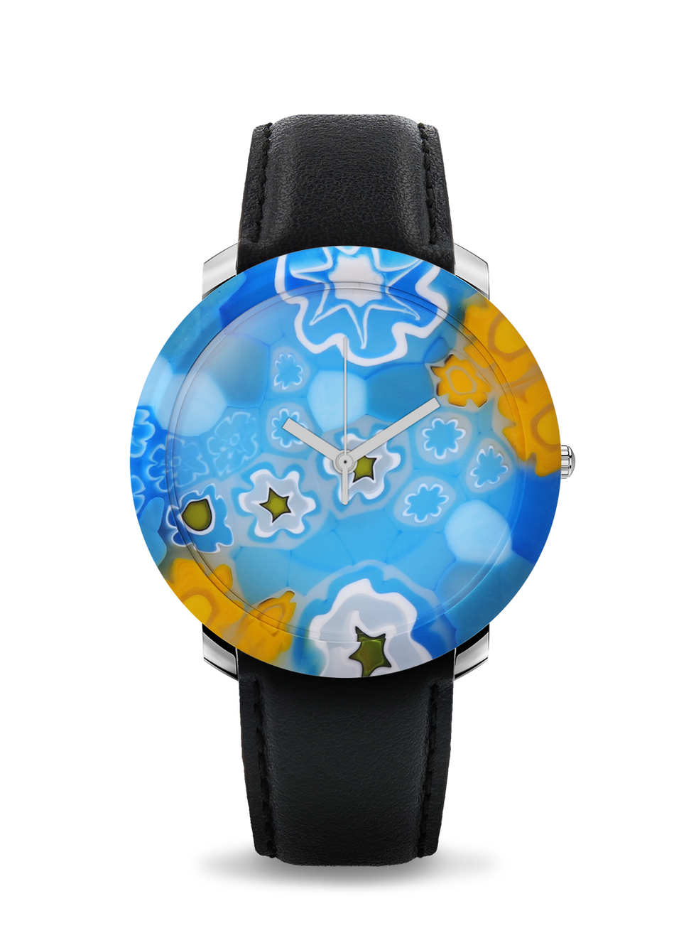 Round wristwatch with blue and yellow floral dial, black leather strap