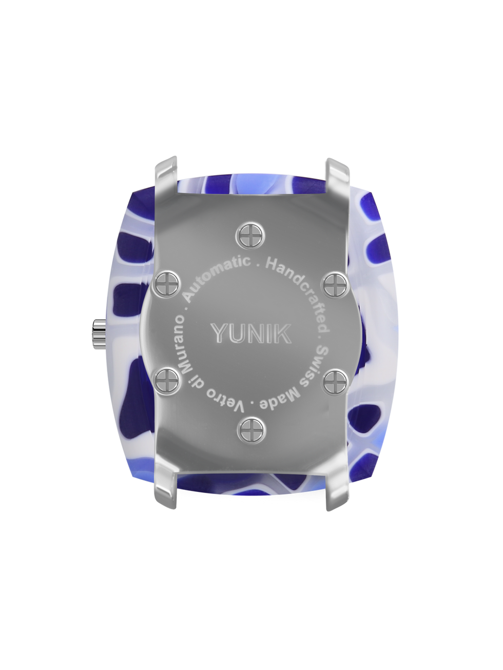Back of a YUNIK watch with automatic, handcrafted, Swiss made, Vero di Murano text
