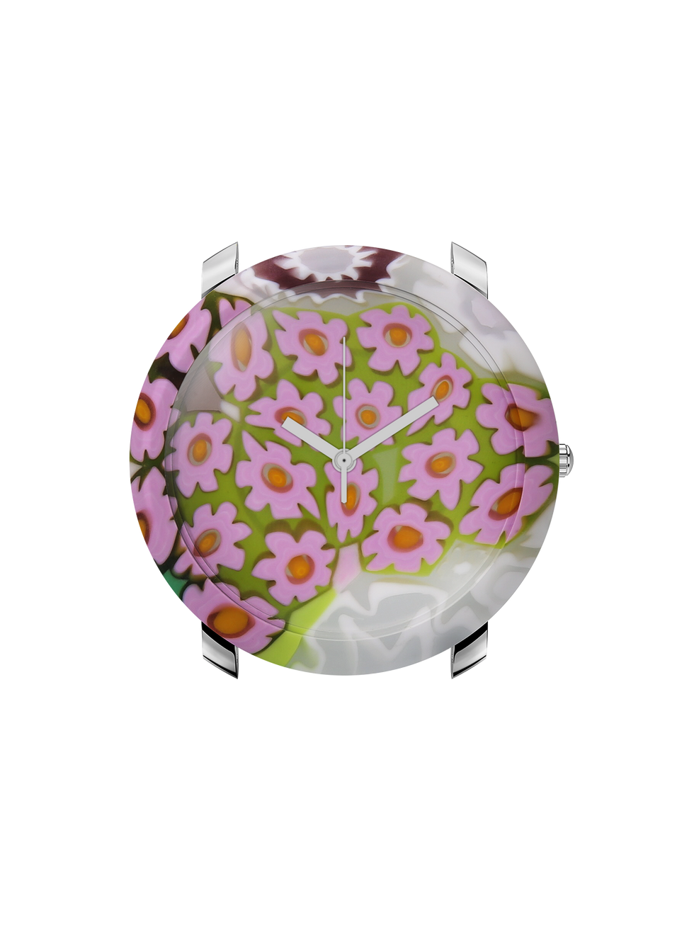 Round wristwatch with a floral design, pink flowers on a green background, silver bands