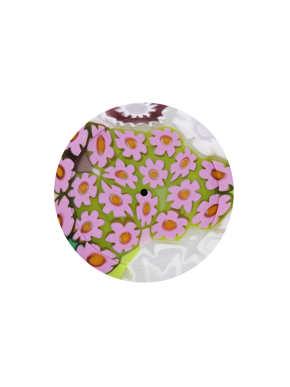 Round glass tile with pink flowers and green leaves