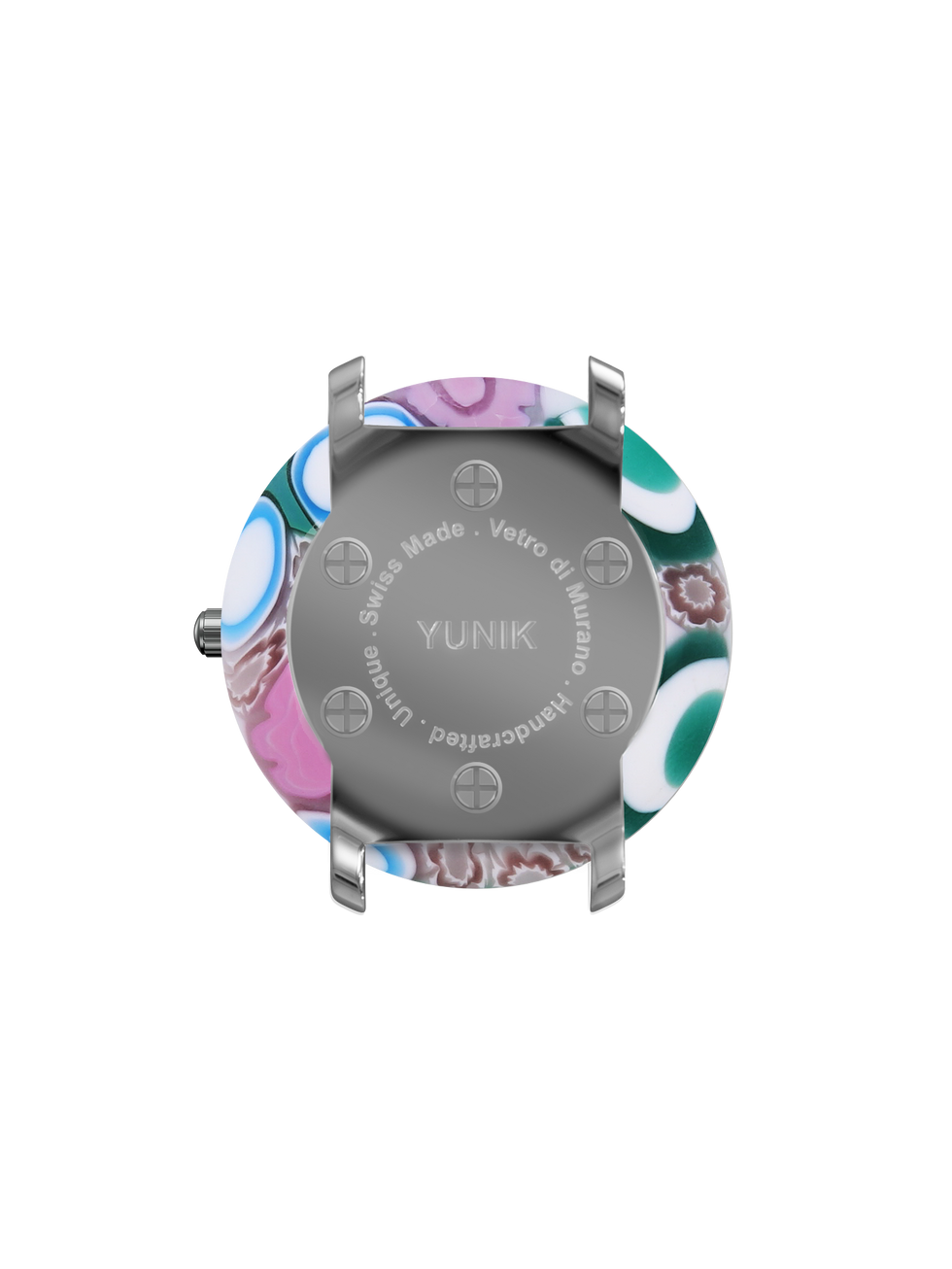 Back of a YUNIK watch with a colorful patterned design, Swiss Made, Vetro di Murano, Handcrafted, Unique