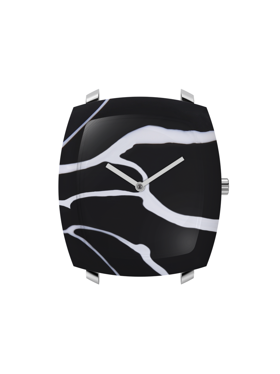 Square black and white wristwatch with silver hands and a silver band