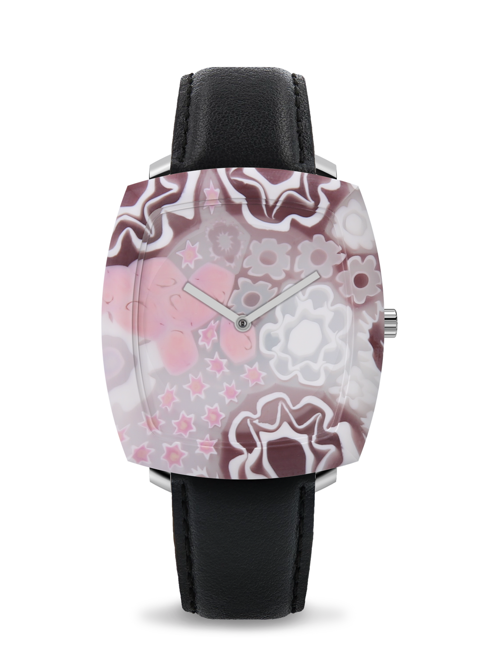 Square wristwatch with pink and white floral pattern on the face and black leather band
