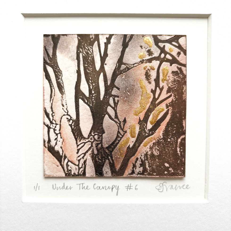 Close up of Under the Canopy #6 original collagraph print — tree trunk & branch