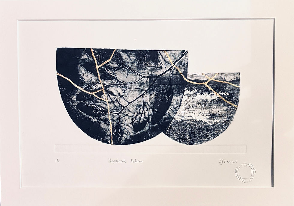 Thumbnail: Rejoined, Reborn- an original collagraph monoprint