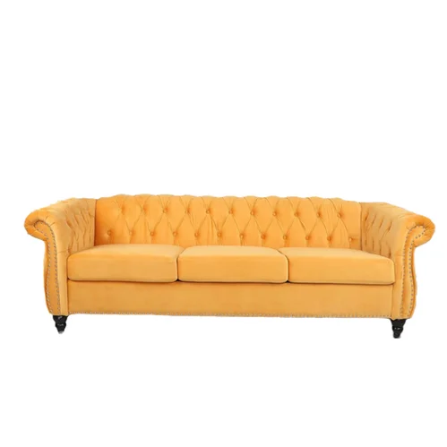 Mustard Velvet Tufted Couch rental