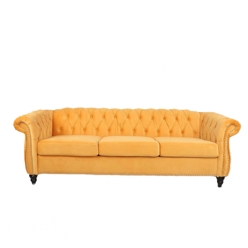 Mustard Velvet Tufted Couch for rent from ZNC Solutions, Wayne NJ